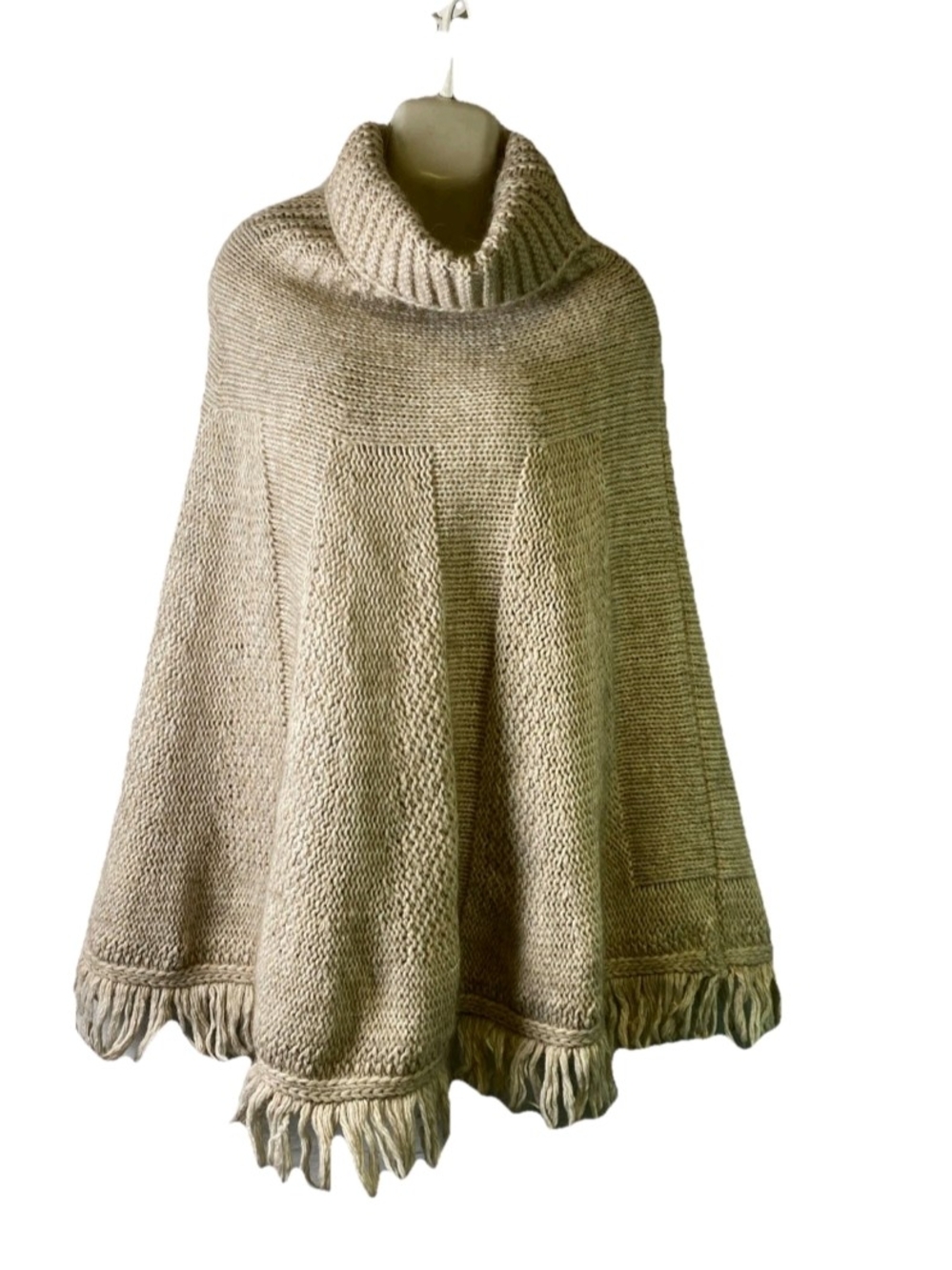 Iperico - OS - Turtleneck Knitted Fringe Poncho, Wool-Kissed, Cozy Neutral Taupe